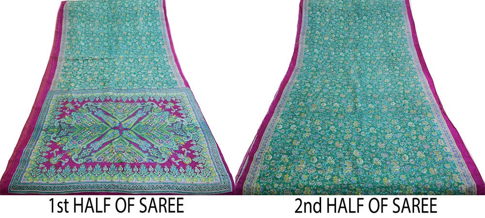 Indian Vintage Sari Pink & Green Pure Silk Printed Saree 5yd Sewing Craft Fabric DressMaking Soft Floral Ethnic