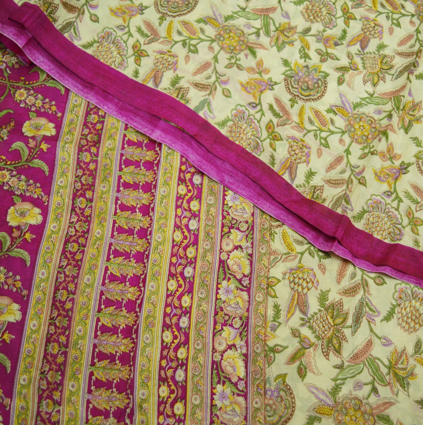 Indian Vintage Sari Ivory & Pink Pure Silk Printed Saree 5yard Sewing Craft Fabric DressMaking Soft Wrap