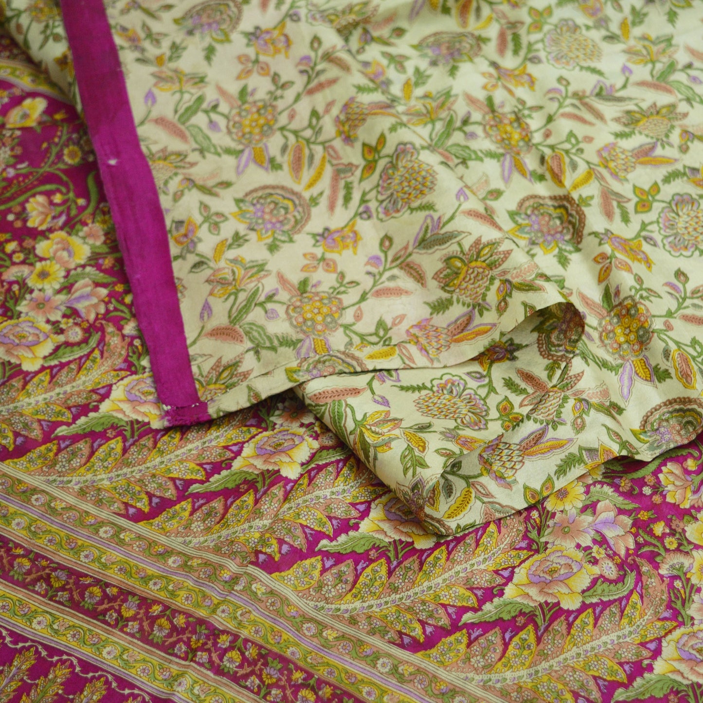 Indian Vintage Sari Ivory & Pink Pure Silk Printed Saree 5yard Sewing Craft Fabric DressMaking Soft Wrap