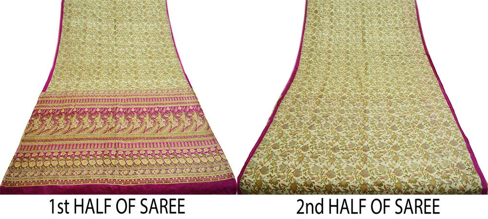 Indian Vintage Sari Ivory & Pink Pure Silk Printed Saree 5yard Sewing Craft Fabric DressMaking Soft Wrap
