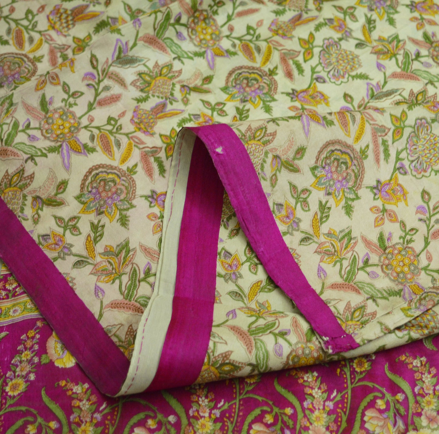 Indian Vintage Sari Ivory & Pink Pure Silk Printed Saree 5yard Sewing Craft Fabric DressMaking Soft Wrap