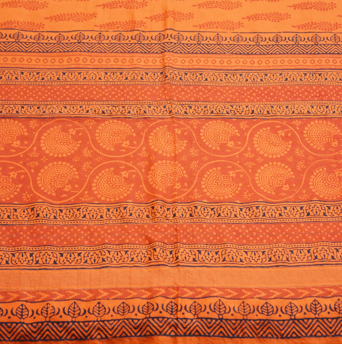Indian Vintage Orange Dupatta Long Stole Block Print Pure Chanderi Silk Indian Scarves Veil Golden Zari Soft Floral Design