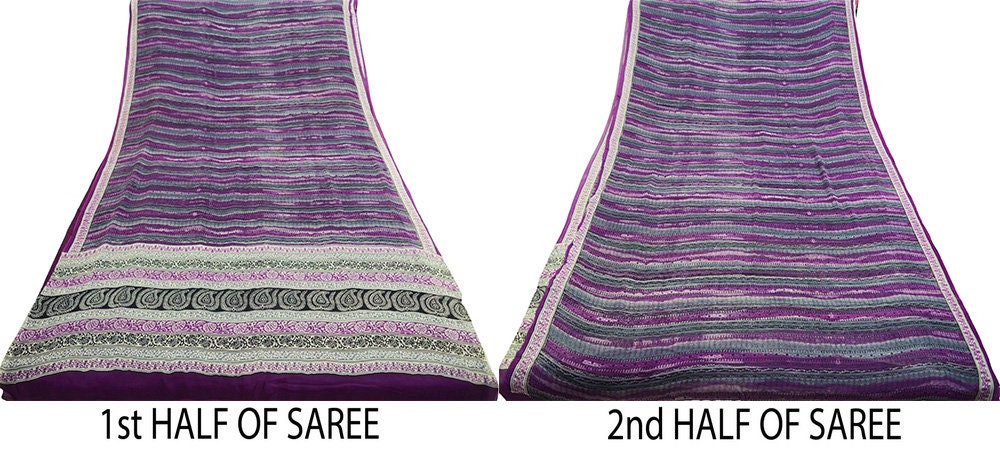 Women Vintage Sari Purple 100% Pure Georgette Silk Printed Saree Craft Fabric Sewing 5Yard Soft Sari Dress Making