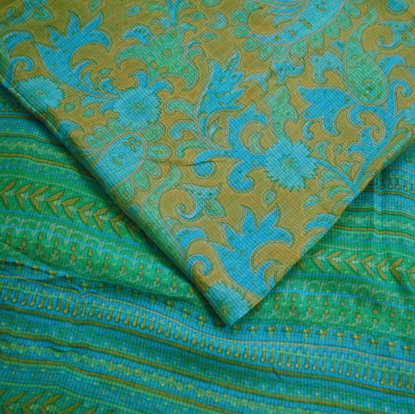 Women Vintage Sari Beige & Blue Pure Chiffon Silk Printed Saree Craft Fabric Sewing 5Yard Soft Light Dress Making Floral