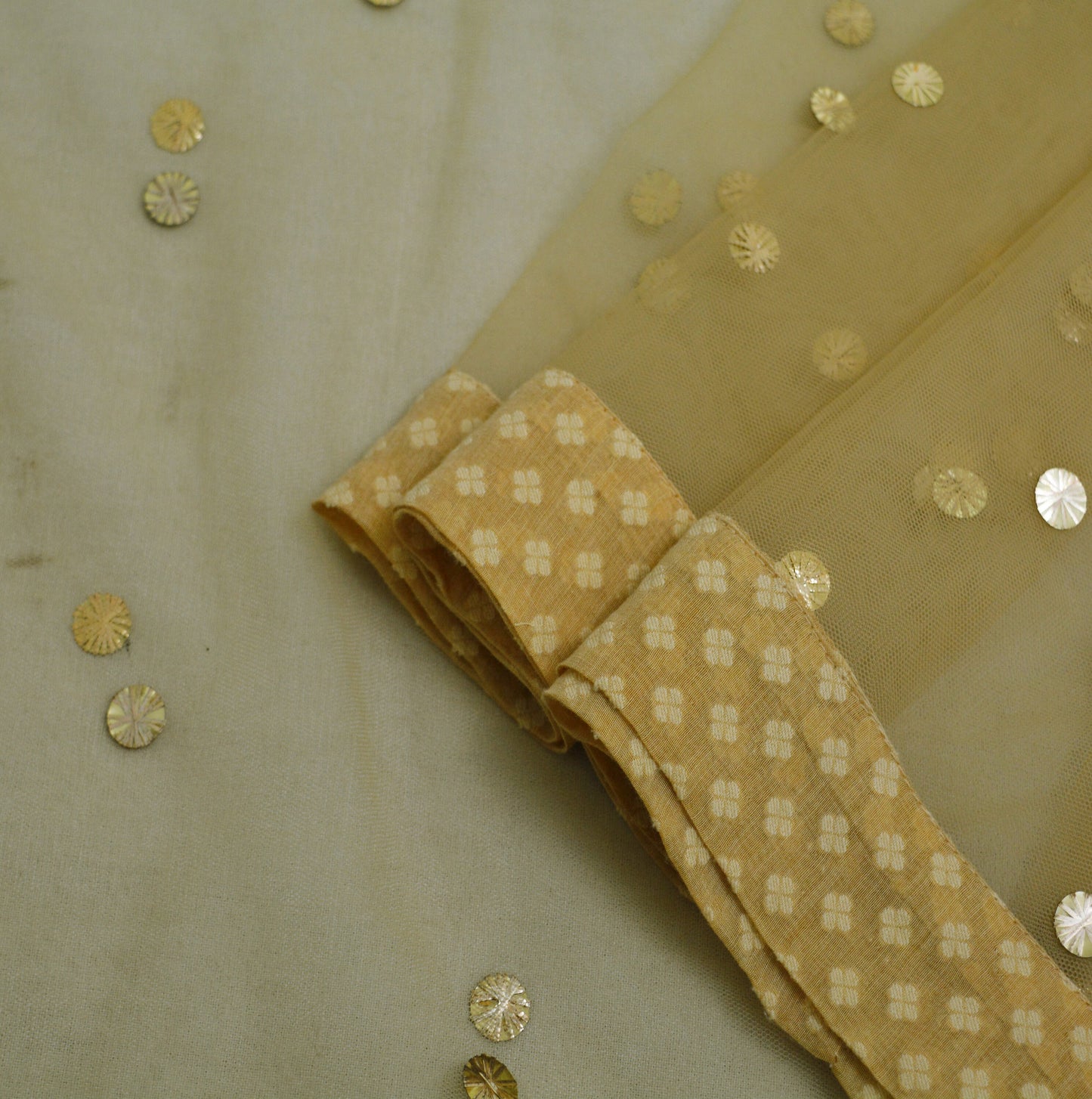 Indian Vintage Beige Dupatta Long Stole Net Mess Hand Embroidered Scarves Veil Hijab Golden Sequins