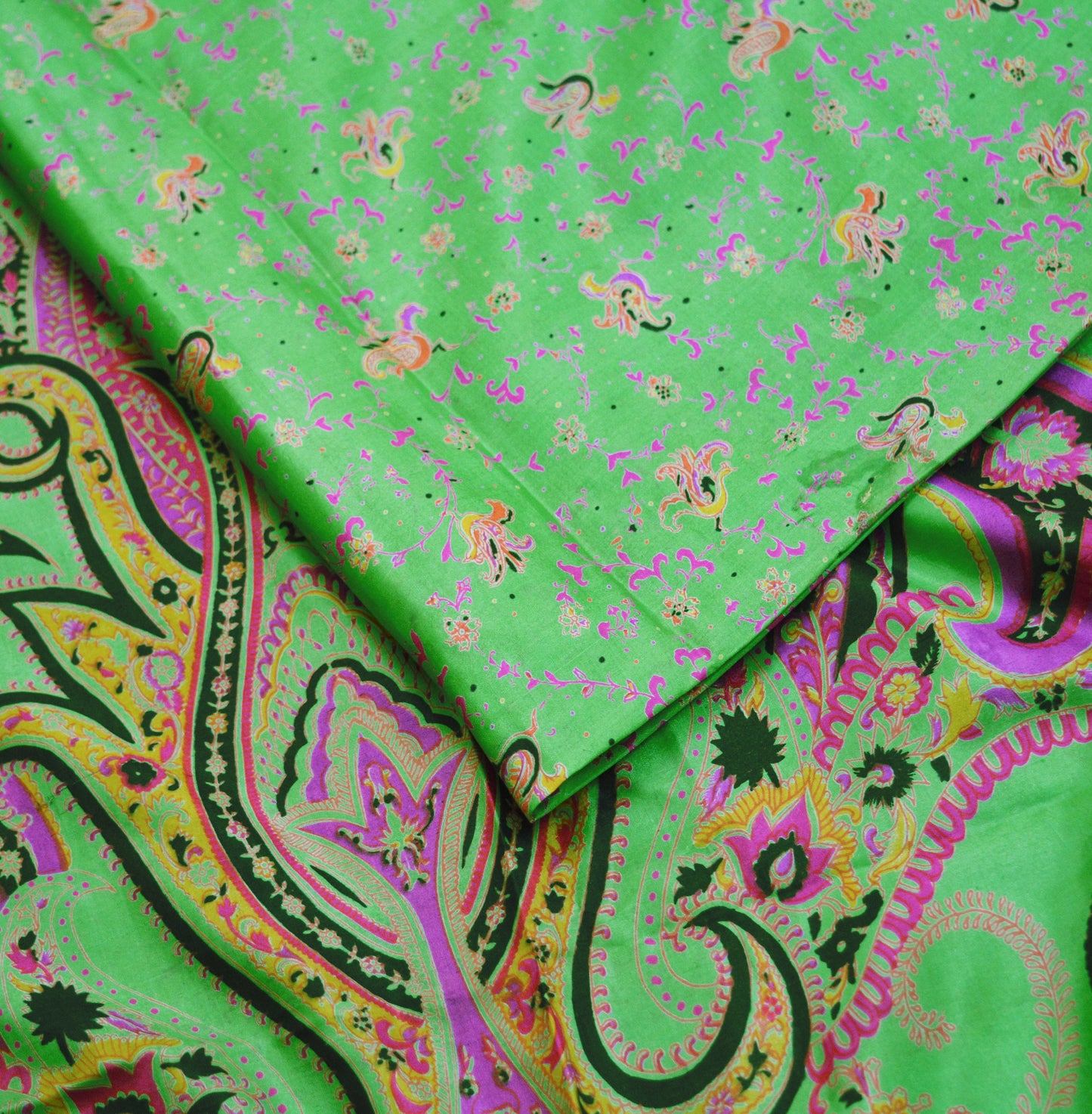 Indian Vintage Sari Green Pure Silk Printed Saree Fabric 6yd Sewing Craft DressMaking Soft Floral Design