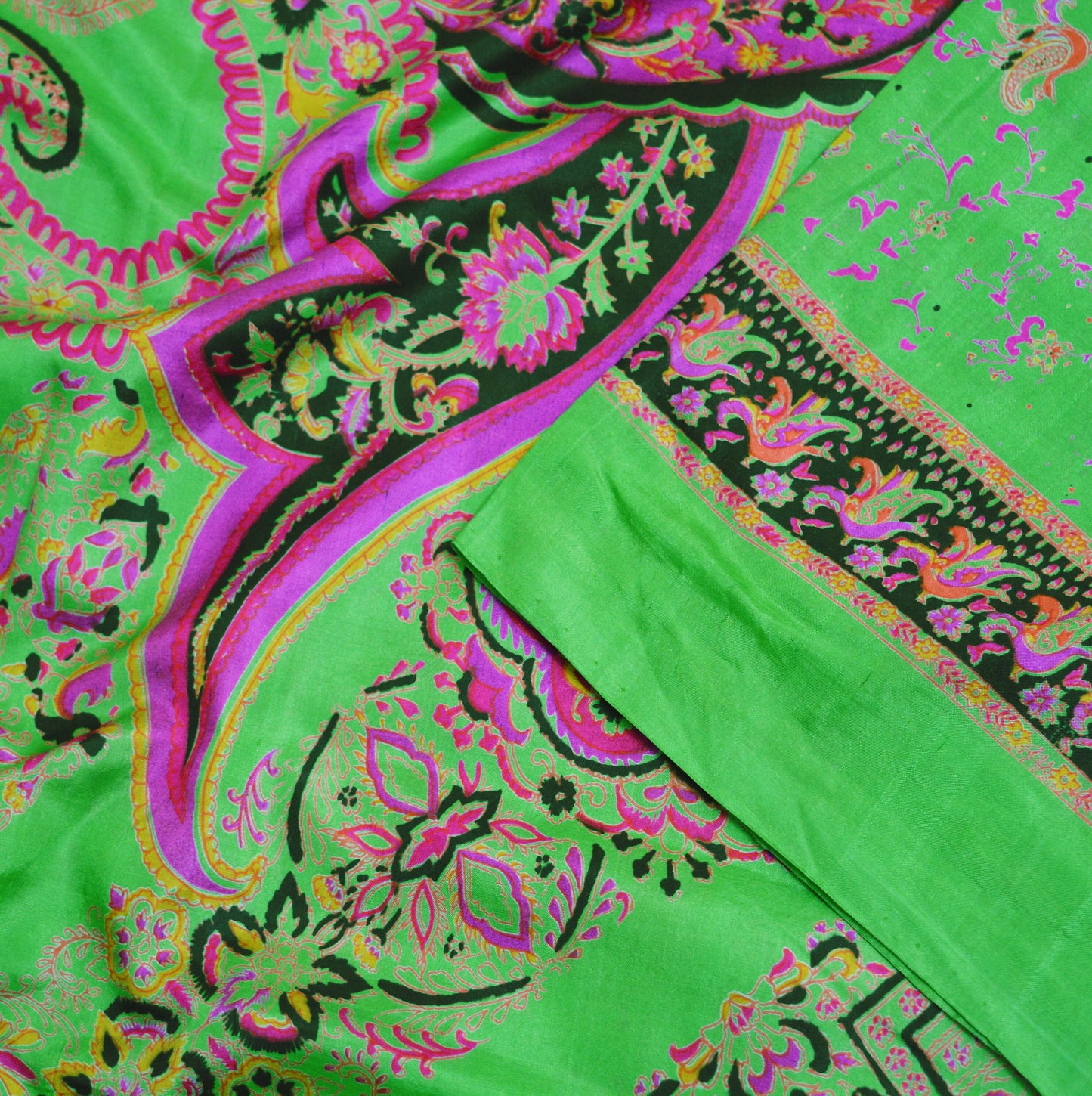 Indian Vintage Sari Green Pure Silk Printed Saree Fabric 6yd Sewing Craft DressMaking Soft Floral Design