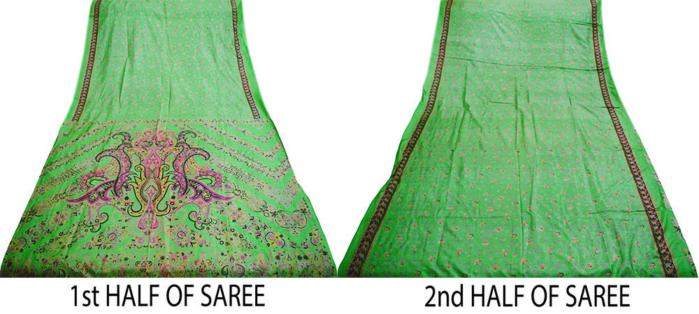Indian Vintage Sari Green Pure Silk Printed Saree Fabric 6yd Sewing Craft DressMaking Soft Floral Design