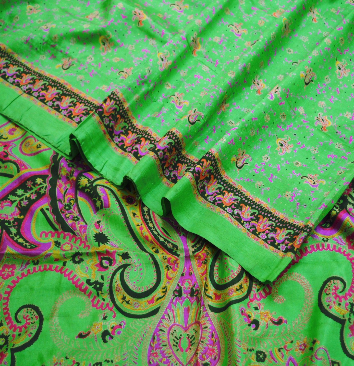 Indian Vintage Sari Green Pure Silk Printed Saree Fabric 6yd Sewing Craft DressMaking Soft Floral Design