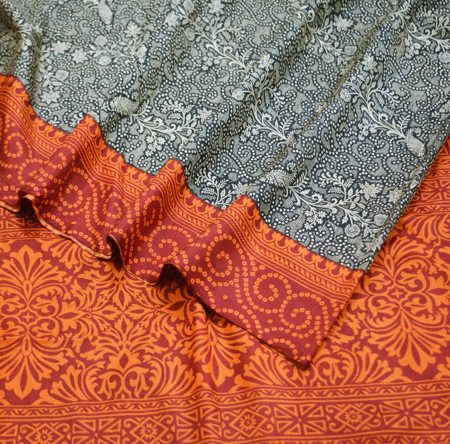 Indian Vintage Sari Black & Maroon 100% Pure Silk Printed Saree Fabric 6yd Sewing Craft DressMaking Soft Paisley