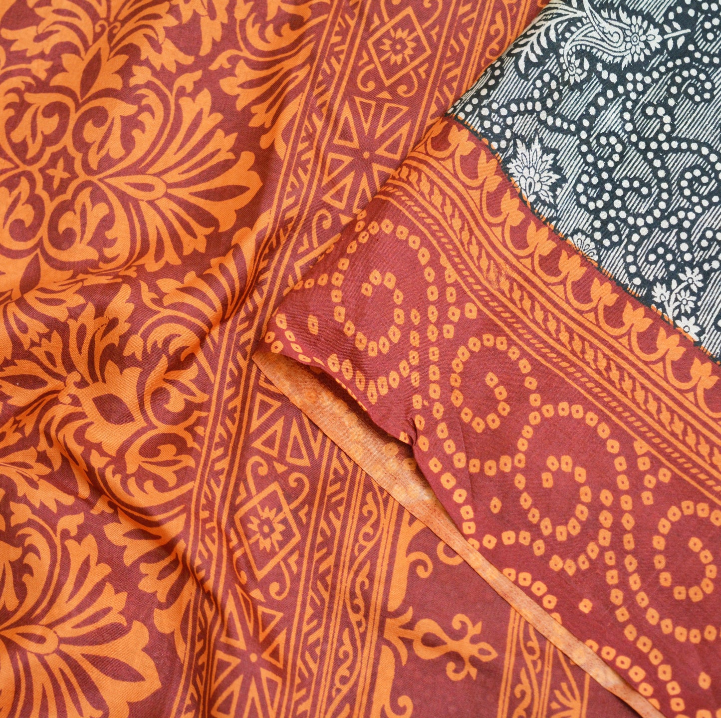 Indian Vintage Sari Black & Maroon 100% Pure Silk Printed Saree Fabric 6yd Sewing Craft DressMaking Soft Paisley