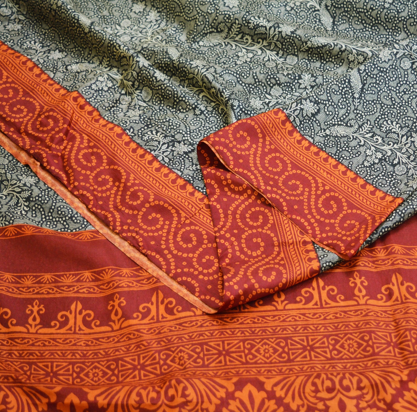 Indian Vintage Sari Black & Maroon 100% Pure Silk Printed Saree Fabric 6yd Sewing Craft DressMaking Soft Paisley