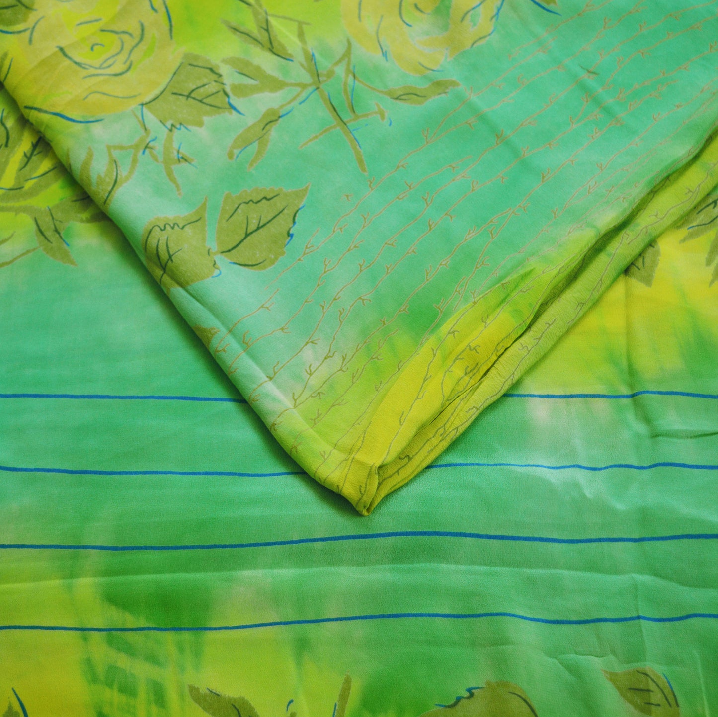 Indian Vintage Sari Yellow &Green Pure Crepe Silk Printed Saree 5yard Sewing Floral Soft Craft Fabric Wrap