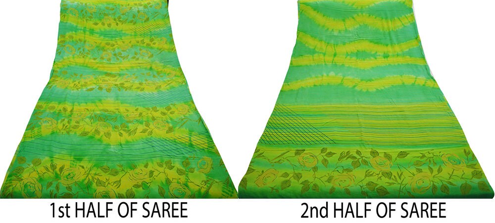Indian Vintage Sari Yellow &Green Pure Crepe Silk Printed Saree 5yard Sewing Floral Soft Craft Fabric Wrap