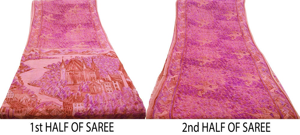 Indian Vintage Sari Peach & Purple Pure Georgette Silk Printed Saree Craft Fabric Sewing 5Yard Soft Light Dress Making Floral