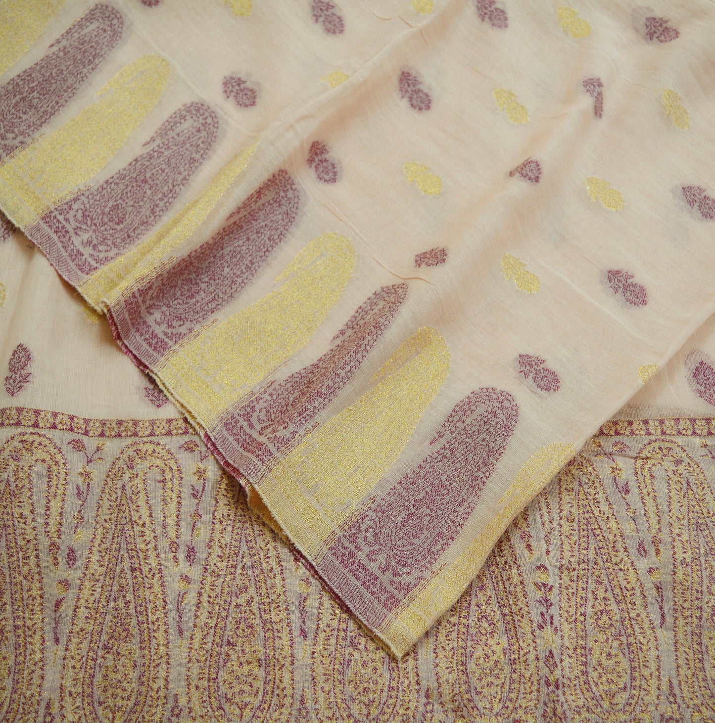 Indian Vintage Peach Dupatta Long Stole Woven Pure Cotton Indian Scarves Veil Golden Zari Soft