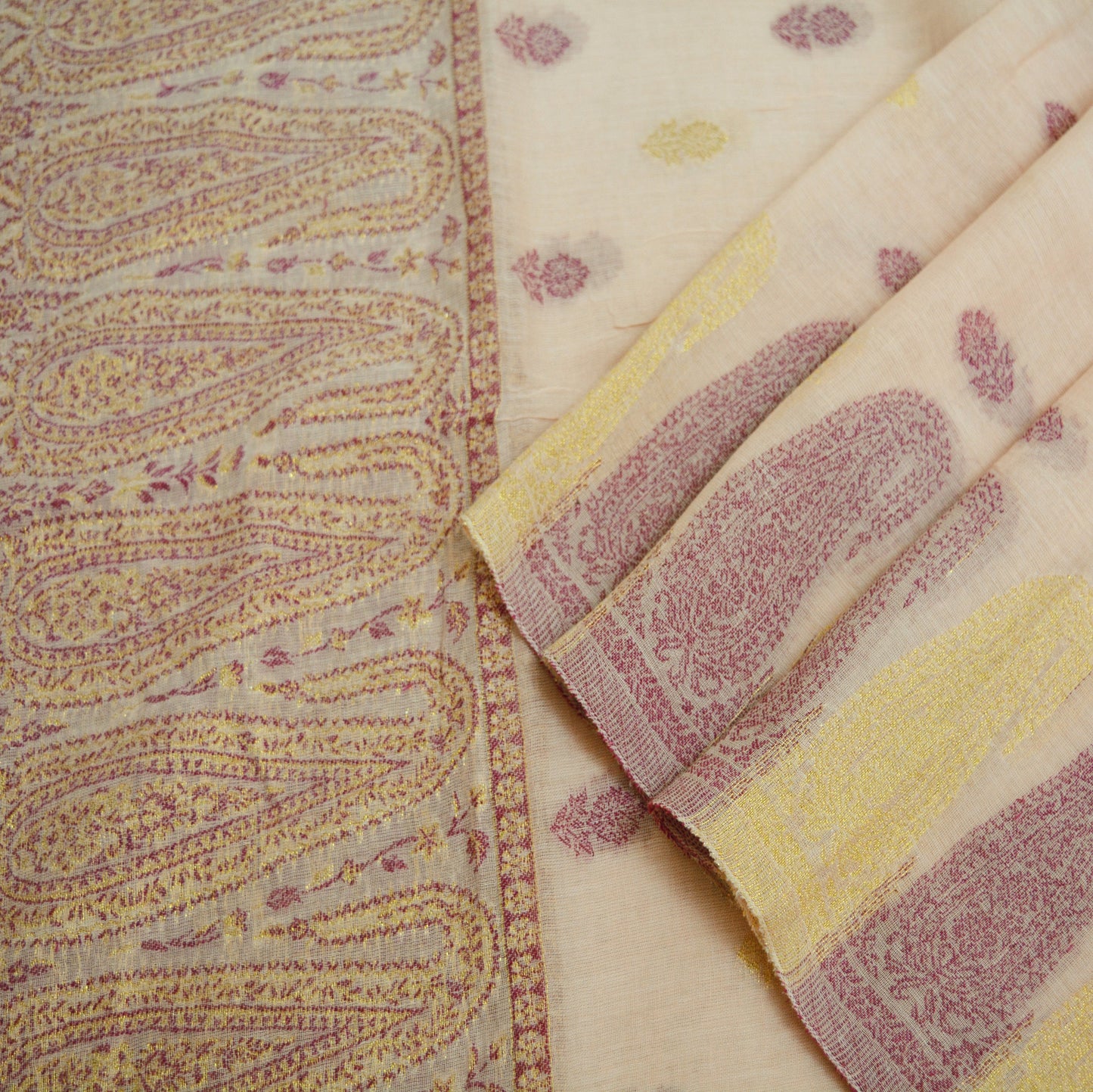 Indian Vintage Peach Dupatta Long Stole Woven Pure Cotton Indian Scarves Veil Golden Zari Soft