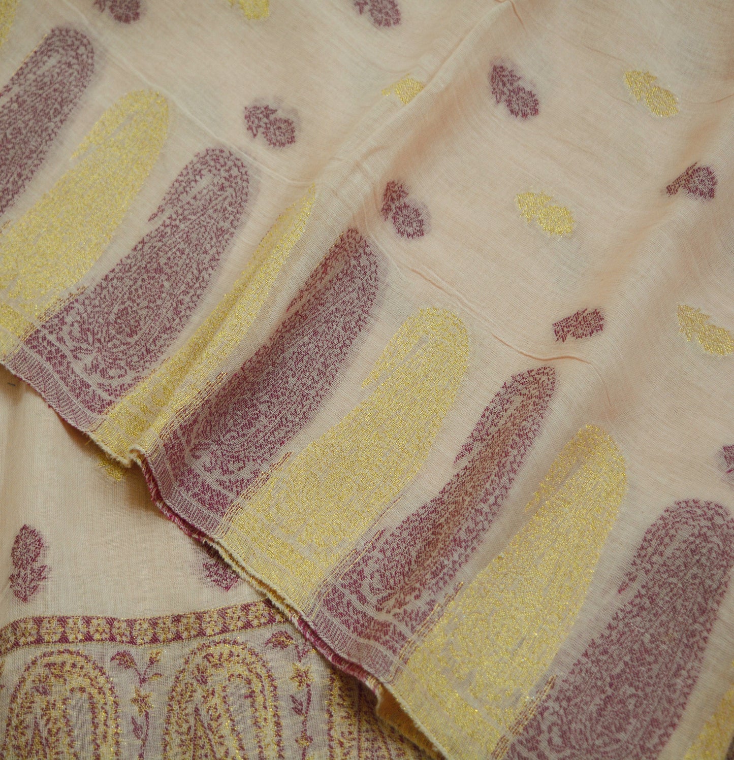 Indian Vintage Peach Dupatta Long Stole Woven Pure Cotton Indian Scarves Veil Golden Zari Soft