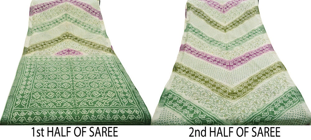 Indian Vintage Sari Green & Ivory Pure Silk Bandhani Printed Sarees Fabric 5yd Floral Sewing Traditional Culture Sari Ethnic Fabric