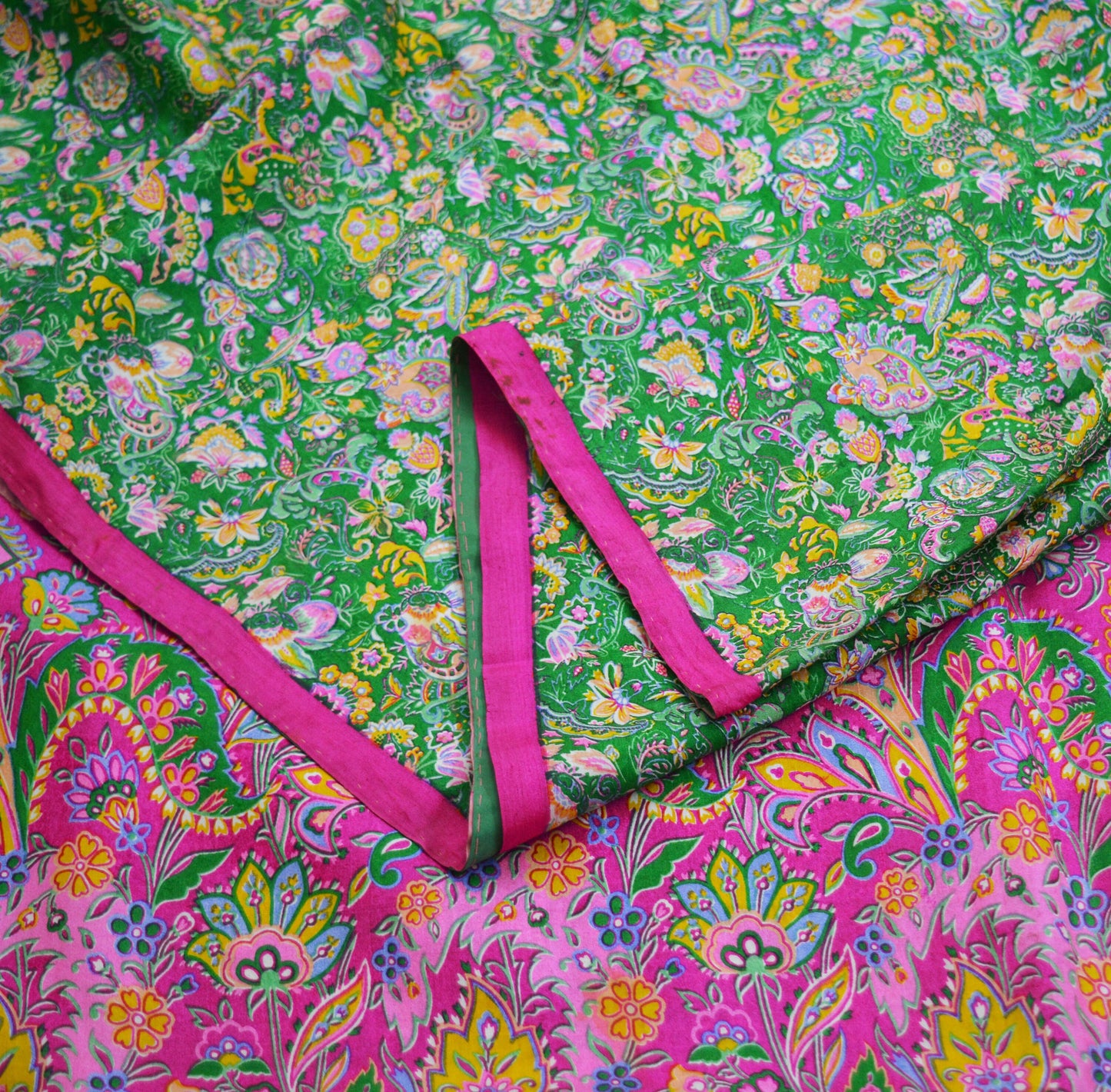 Indian Vintage Sari Pink & Green Pure Silk Printed Saree Fabric 5yd Sewing Craft DressMaking Soft Floral Ethnic