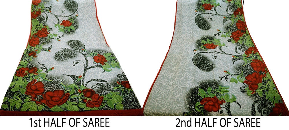 Indian Vintage Sari Gray Pure Crepe Silk Digital Printed Saree 5yard Sewing Paisley Soft Craft Fabric