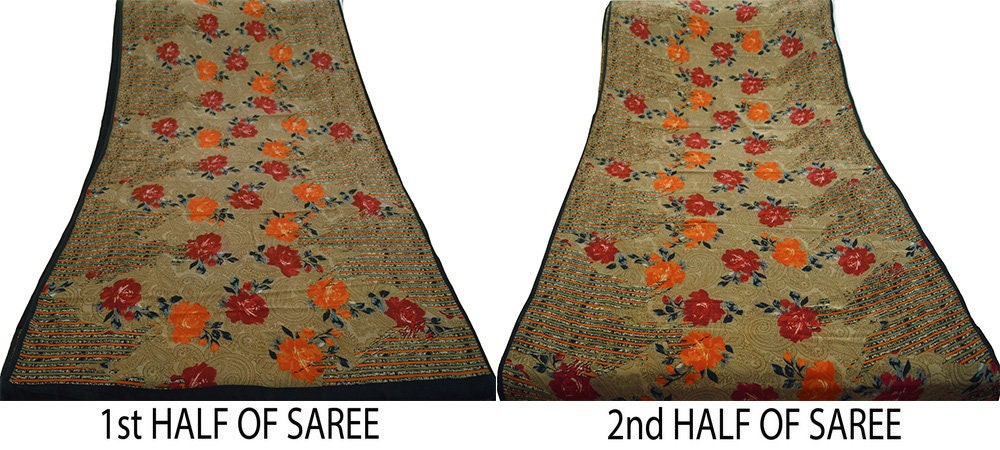 Indian Vintage Sari Brown Pure Crepe Silk Printed Saree 5yard Sewing Floral Soft Craft Fabric Wrap