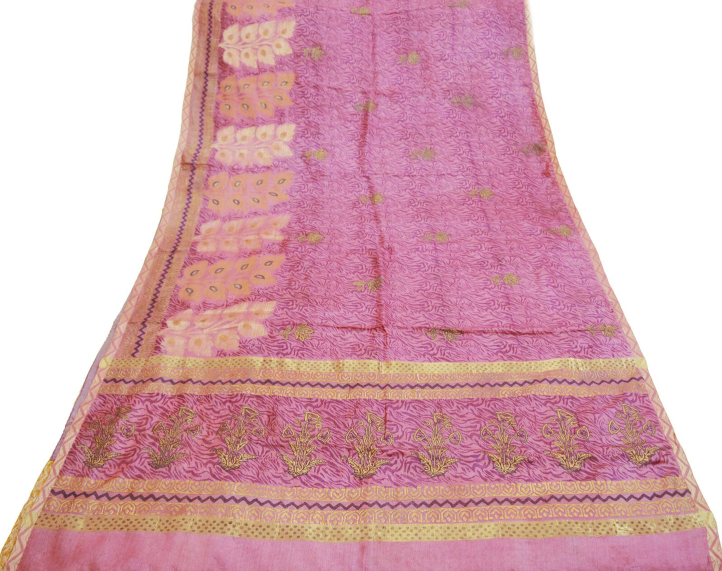 Indian Vintage Sari Pink Pure Tussar Silk Hand Woven/Hand Painted Sarees Fabric 5Yard Sewing Ethnic