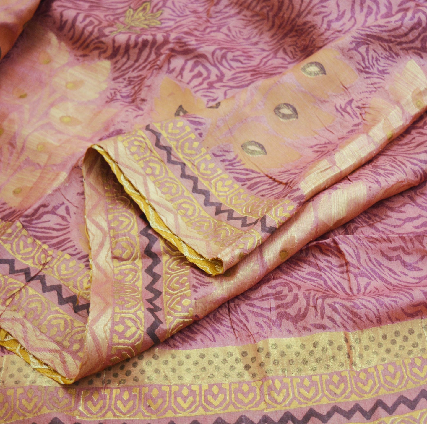 Indian Vintage Sari Pink Pure Tussar Silk Hand Woven/Hand Painted Sarees Fabric 5Yard Sewing Ethnic