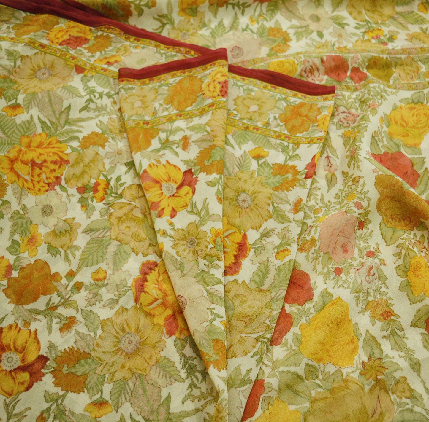 Indian Vintage Sari Beige Pure Georgette Silk Printed Saree Craft Fabric Sewing 5Yard Soft Light Dress Making Floral