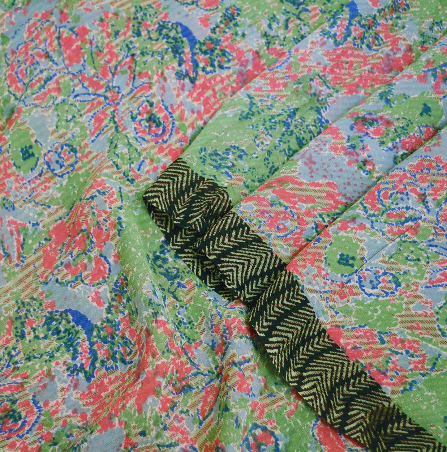Indian Women Vintage Sari Pink & Green Pure Georgette Silk Printed Saree Sewing 5yard Soft Craft Abstract Design Wrap Boho