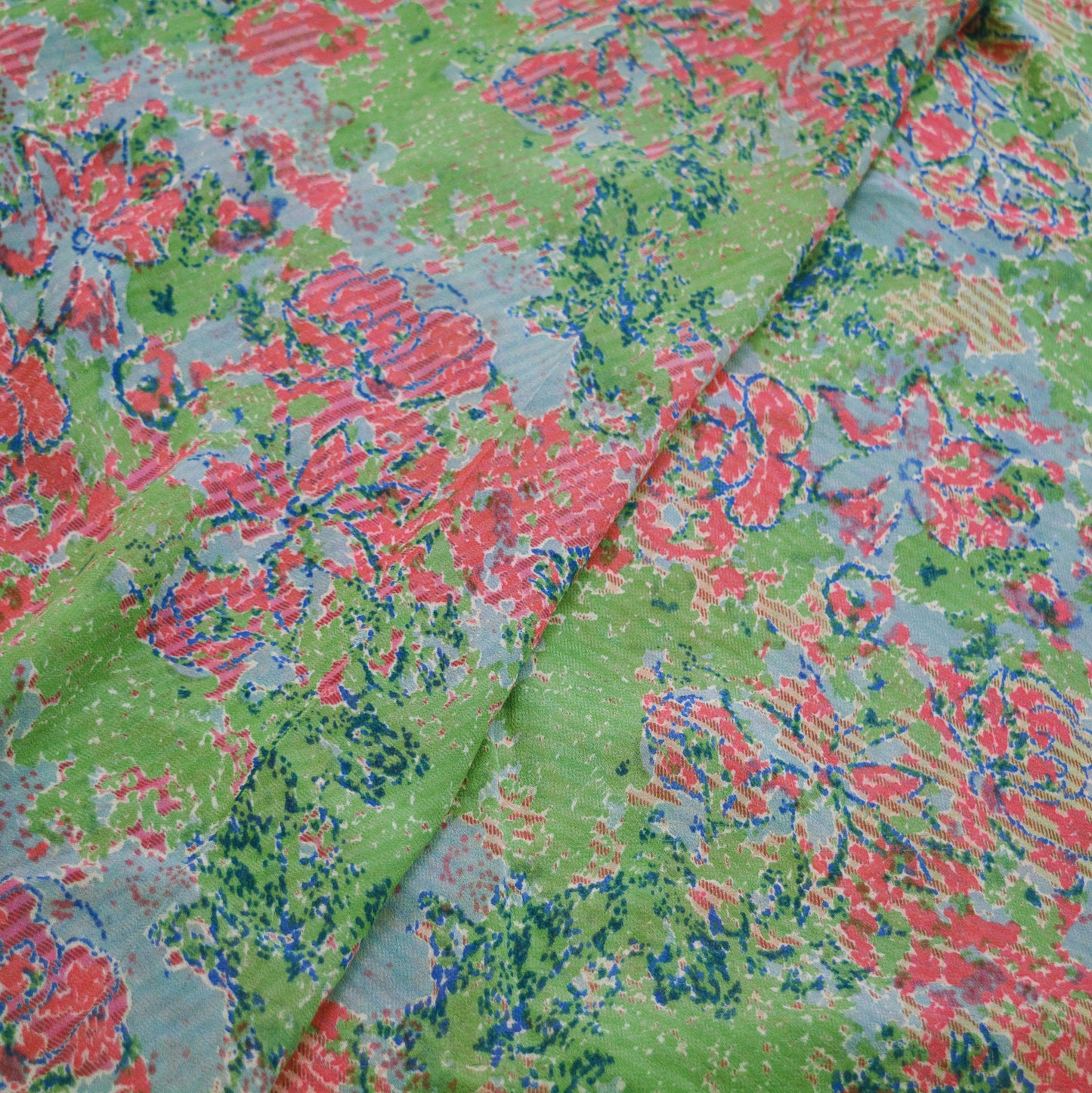 Indian Women Vintage Sari Pink & Green Pure Georgette Silk Printed Saree Sewing 5yard Soft Craft Abstract Design Wrap Boho