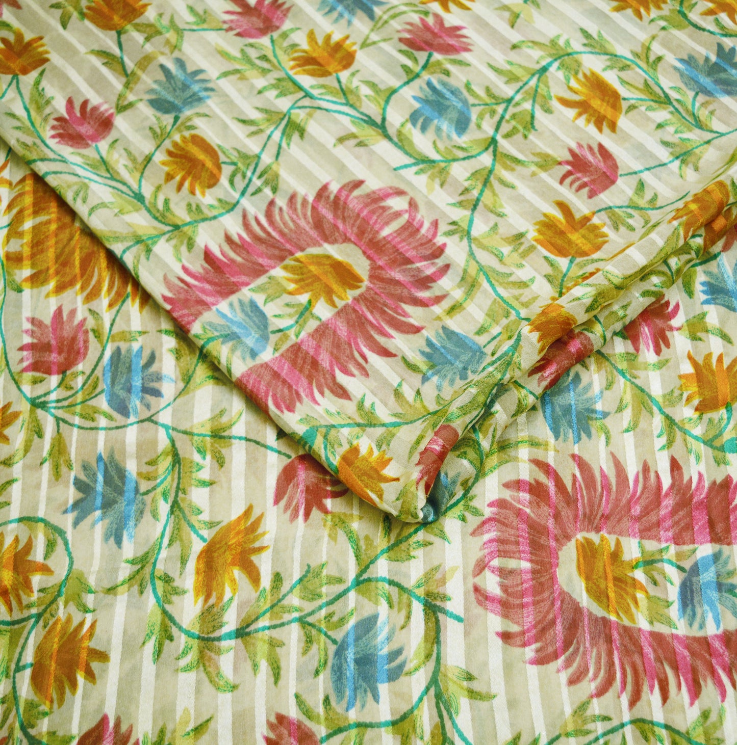 Indian Vintage Sari Ivory Pure Chiffon Silk Printed Saree Craft Fabric Sewing 5Yard Soft Light Dress Making Paisley