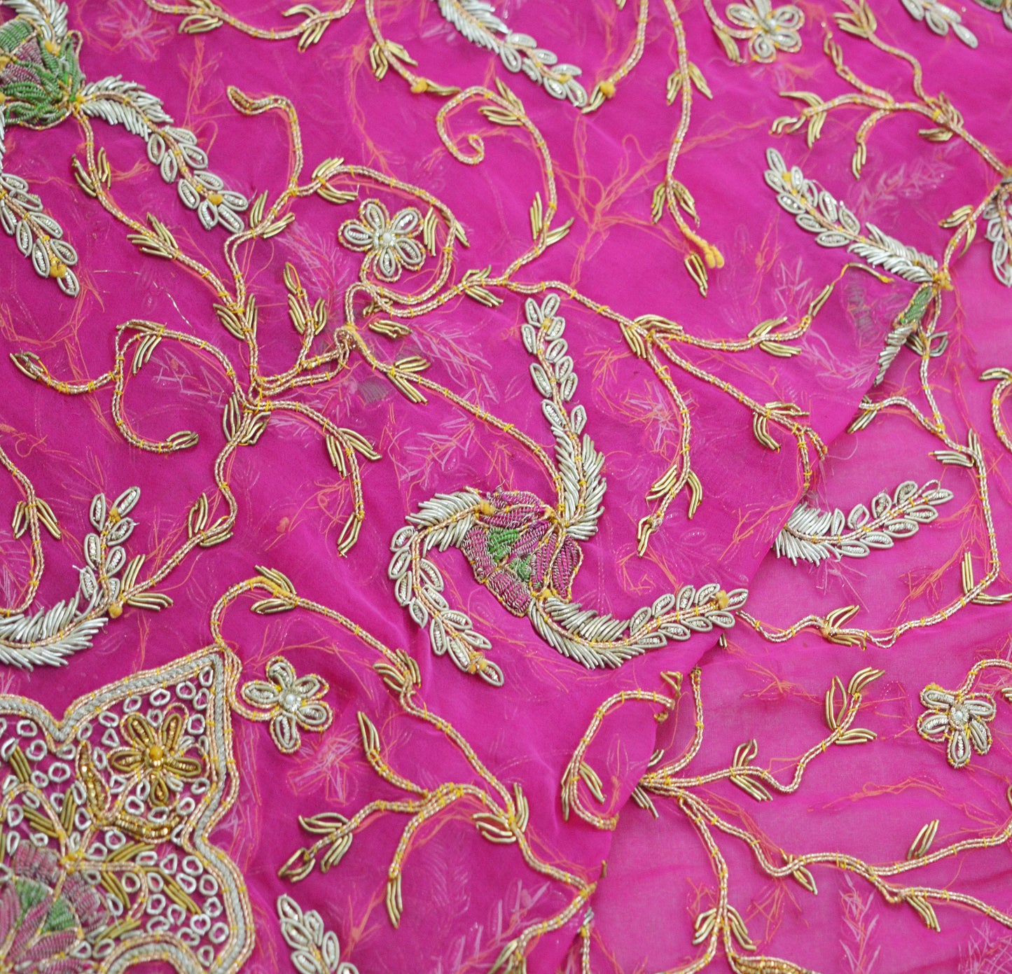 Indian Vintage Heavy Pink Dupatta American Georgette Long Stole Hand Embroidered Scarf Zari Zardozi