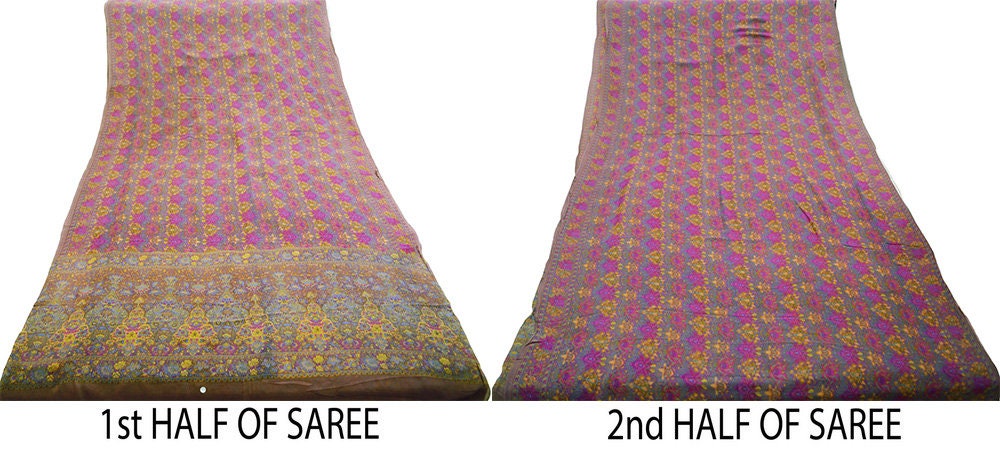 Indian Women Vintage Sari Brown 100% Pure Georgette Silk Printed Saree Sewing 5yard Soft Craft Floral Design Wrap Boho