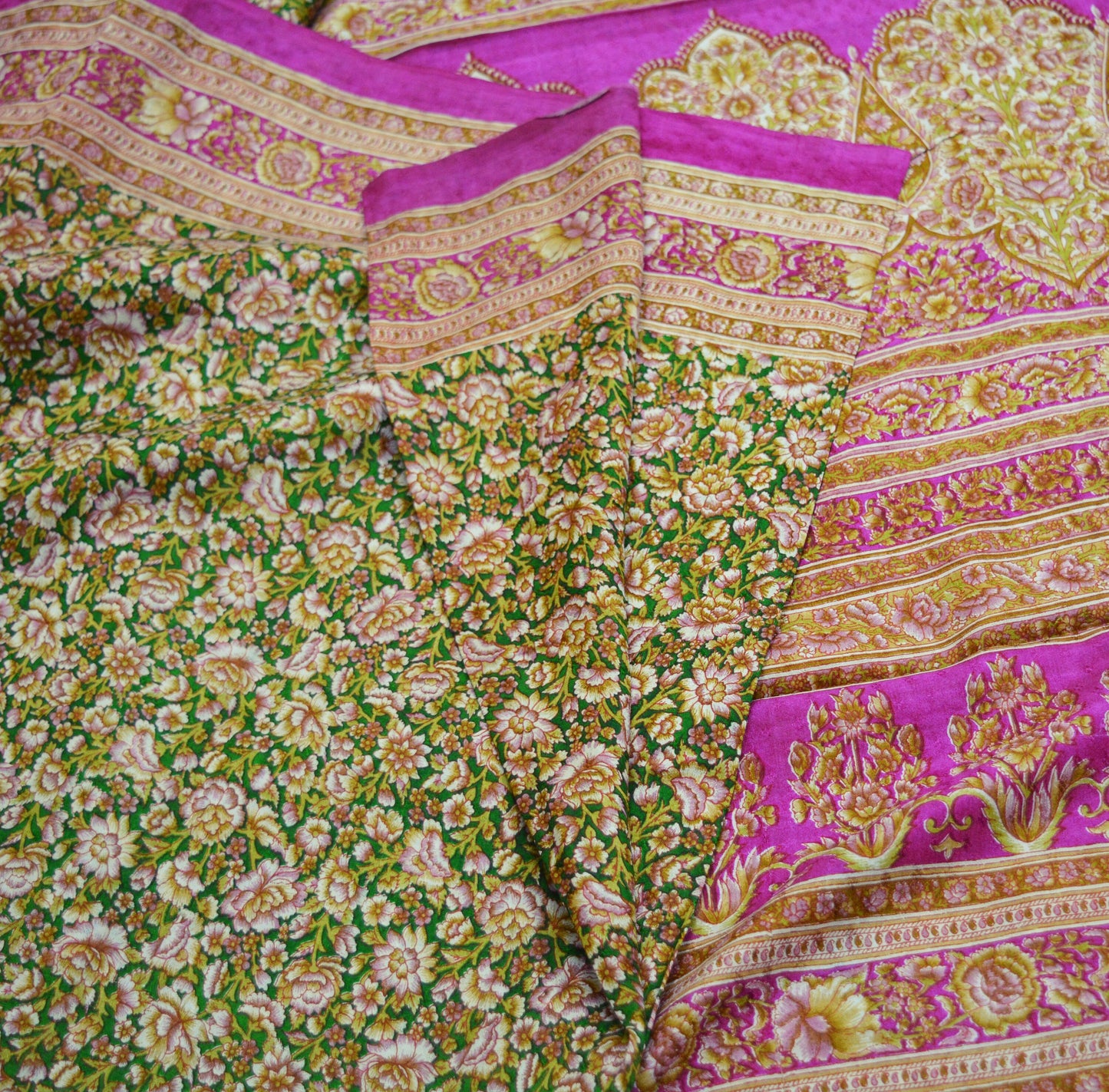 Indian Vintage Sari Pink & Green Pure Silk Printed Saree Fabric 6yd Sewing Craft DressMaking Soft Floral Ethnic