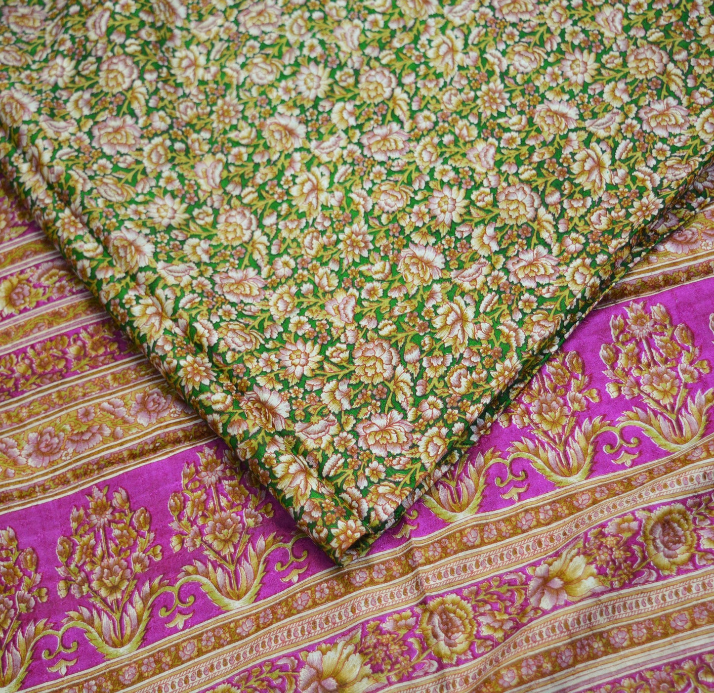 Indian Vintage Sari Pink & Green Pure Silk Printed Saree Fabric 6yd Sewing Craft DressMaking Soft Floral Ethnic
