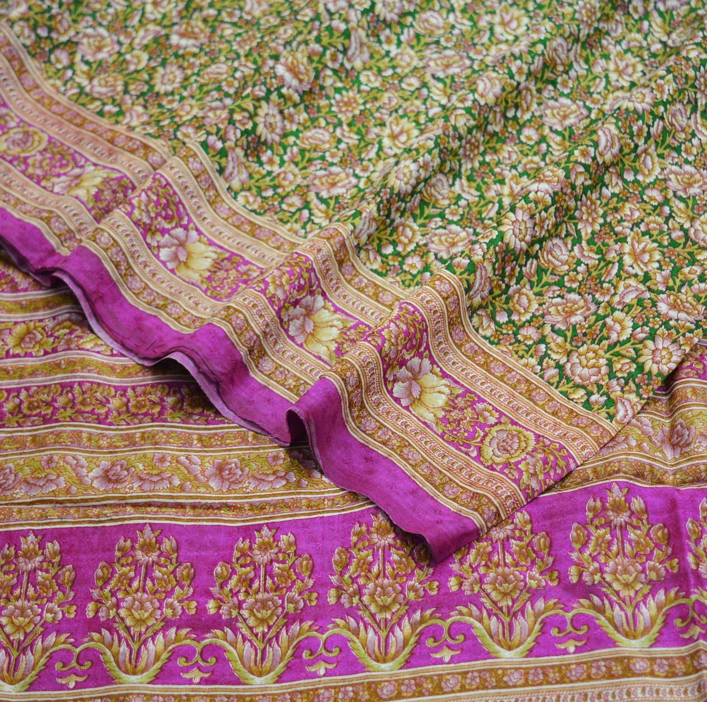 Indian Vintage Sari Pink & Green Pure Silk Printed Saree Fabric 6yd Sewing Craft DressMaking Soft Floral Ethnic