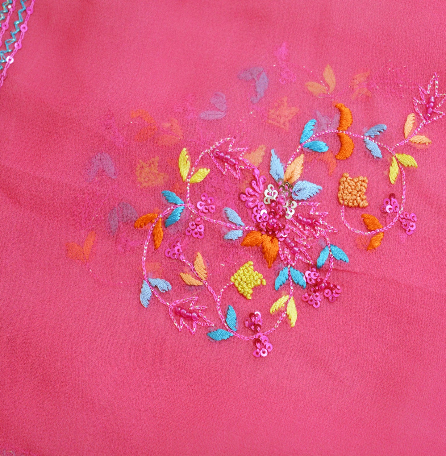 Vintage Pink Dupatta Long Stole Pure Georgette Silk Hand Embroidered Indian Scarves Veil Hijab Floral Sequins