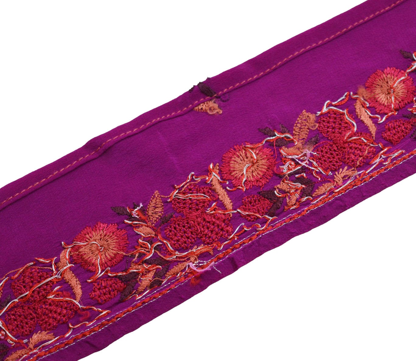 Indian Vintage Purple Saree Border Hand Embroidered Indian Craft Trim Lace Sewing Sari Ribbon Pure Crepe silk Zardozi/Dabka Zari