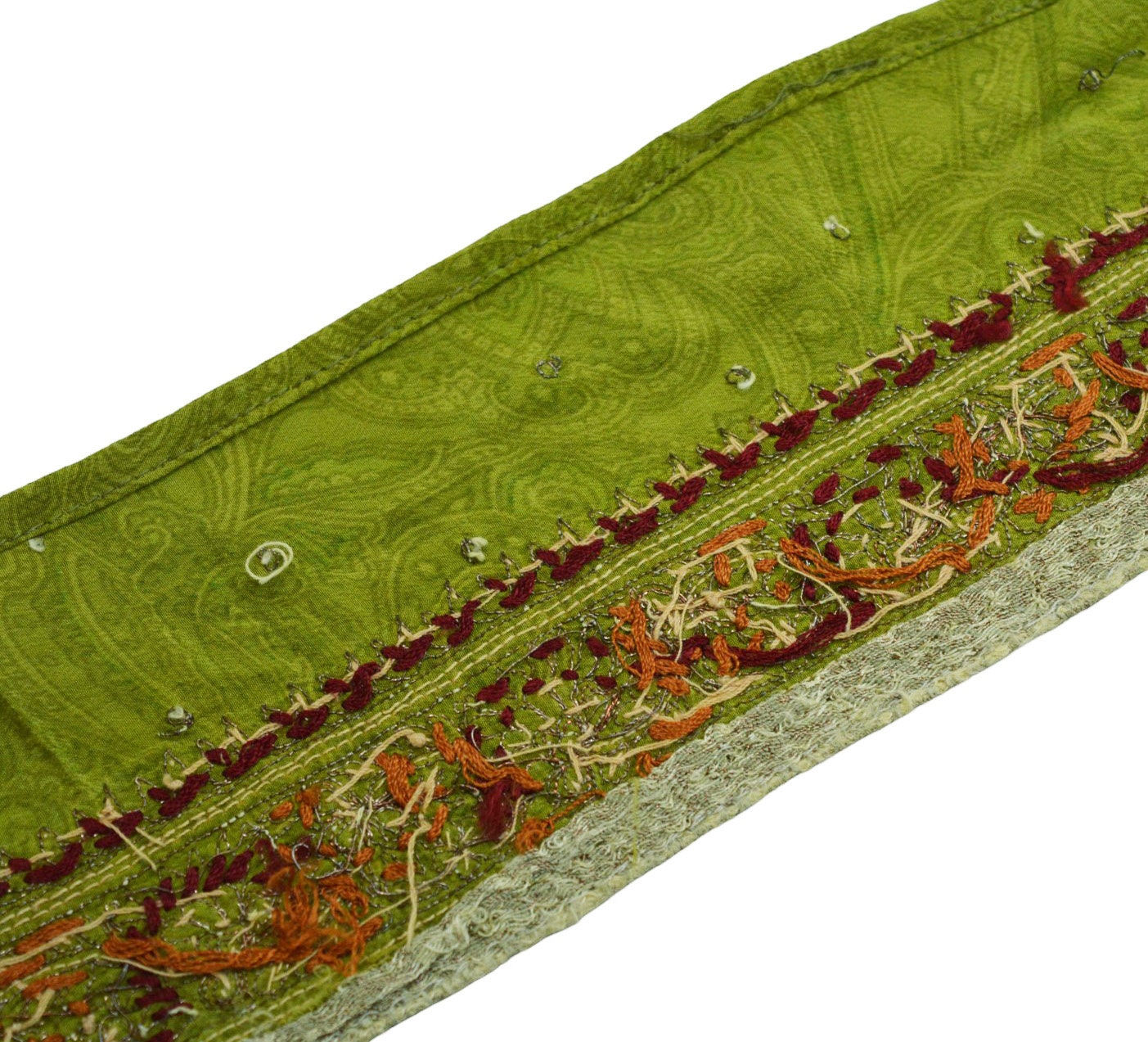 Indian Vintage Green Sari Border Hand Embroidered Craft Trim Lace Sewing Sari Ribbon Pure Crepe silk Zardozi/Dabka Zari