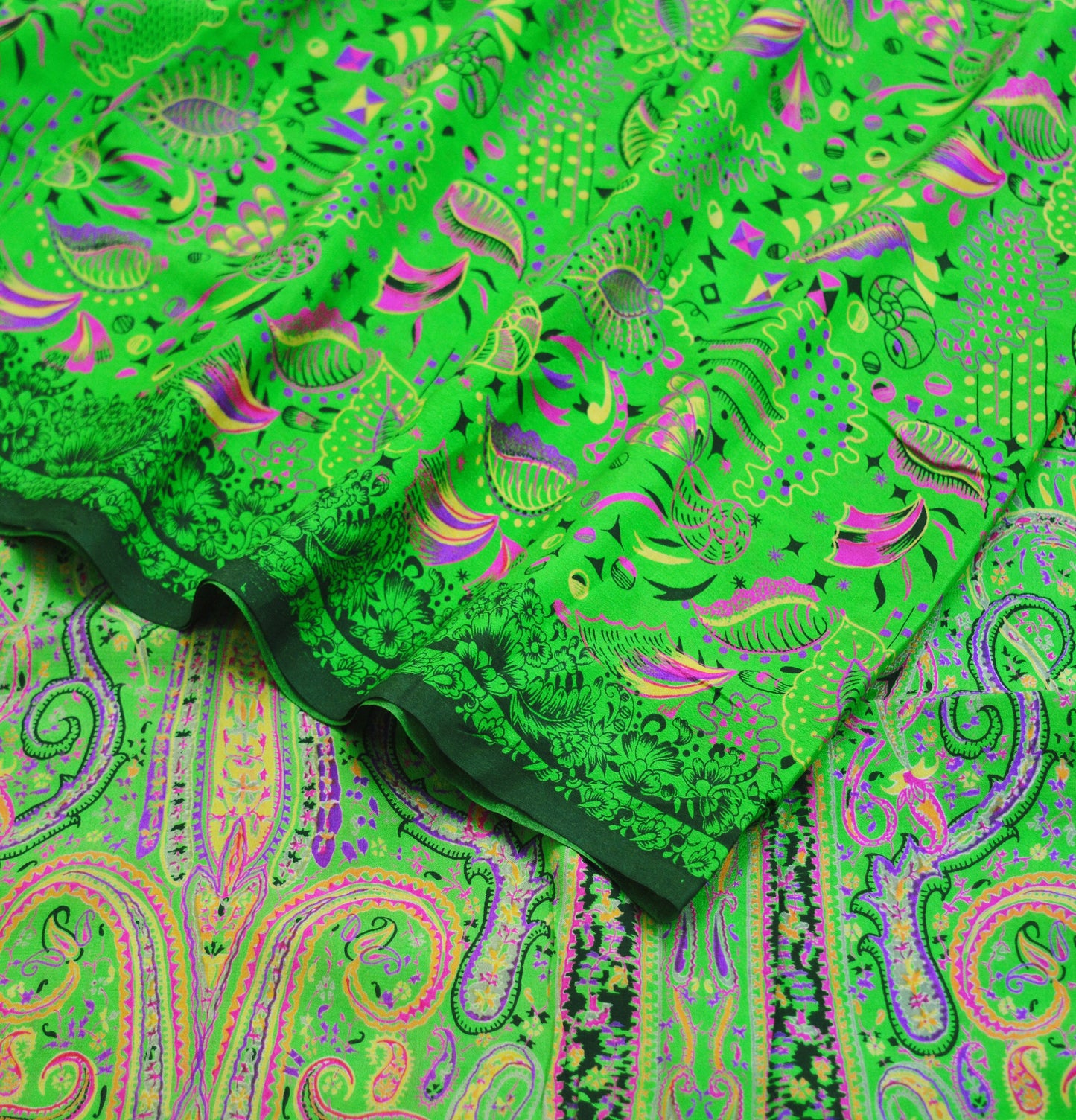 Indian Vintage Sari Green Pure Silk Printed Saree Fabric 6yd Sewing Craft DressMaking Soft Floral Design
