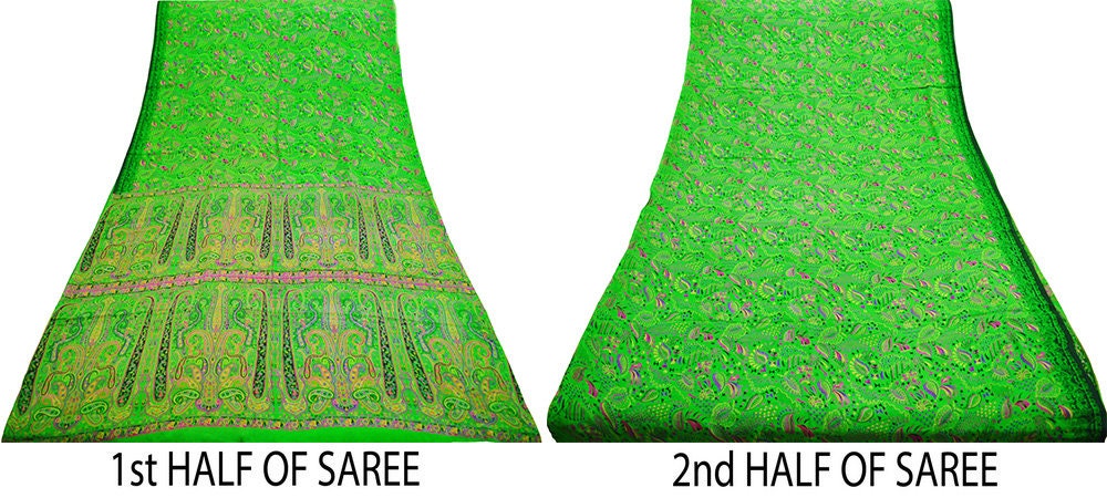 Indian Vintage Sari Green Pure Silk Printed Saree Fabric 6yd Sewing Craft DressMaking Soft Floral Design
