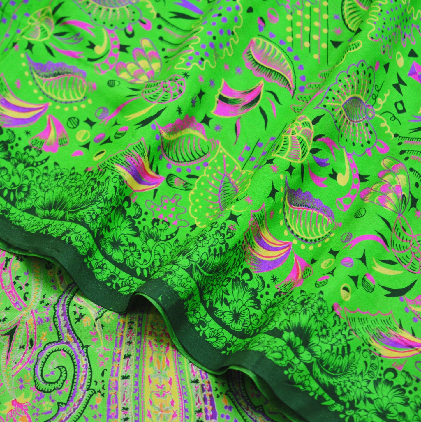 Indian Vintage Sari Green Pure Silk Printed Saree Fabric 6yd Sewing Craft DressMaking Soft Floral Design