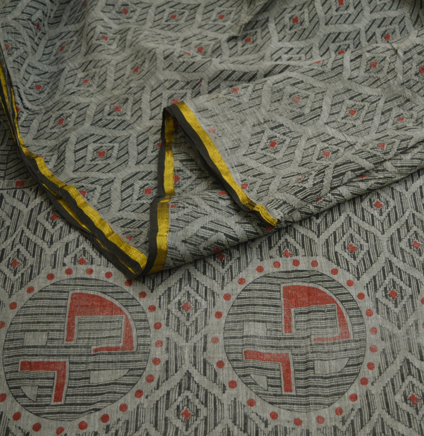 Indian Vintage Sari Gray & Black block Printed Pure Cotton Saree Craft Soft Fabric 5Yard Sewing Sarong Wrap Boho Zari