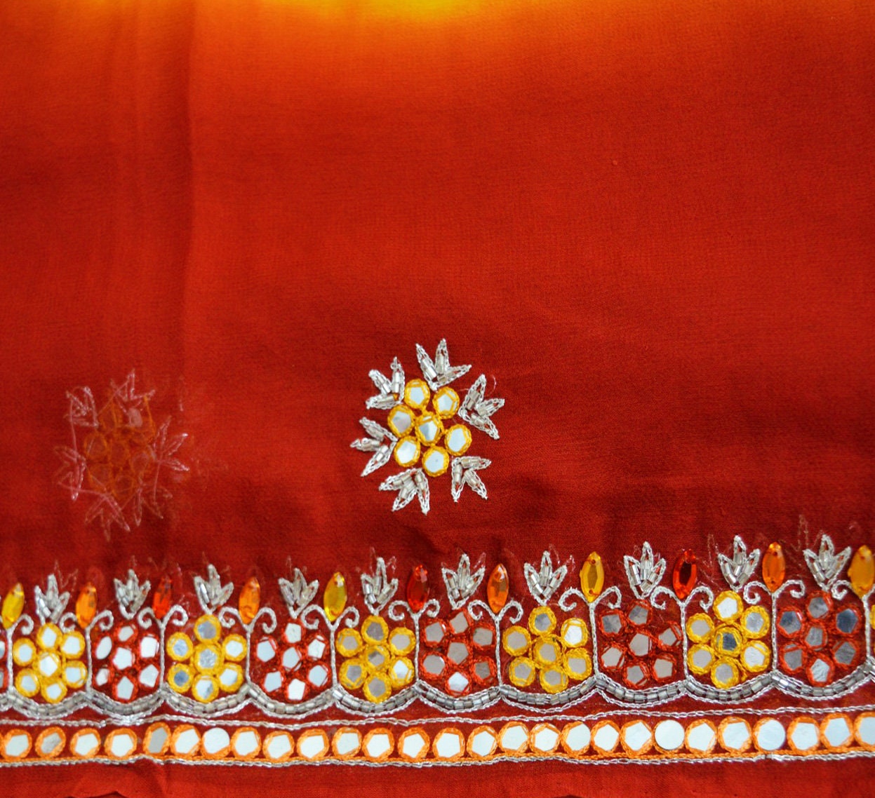 Vintage Red & Saffron Dupatta Long Stole Pure Georgette Silk Hand Embroidered Indian Scarves Veil Hijab Floral Zari