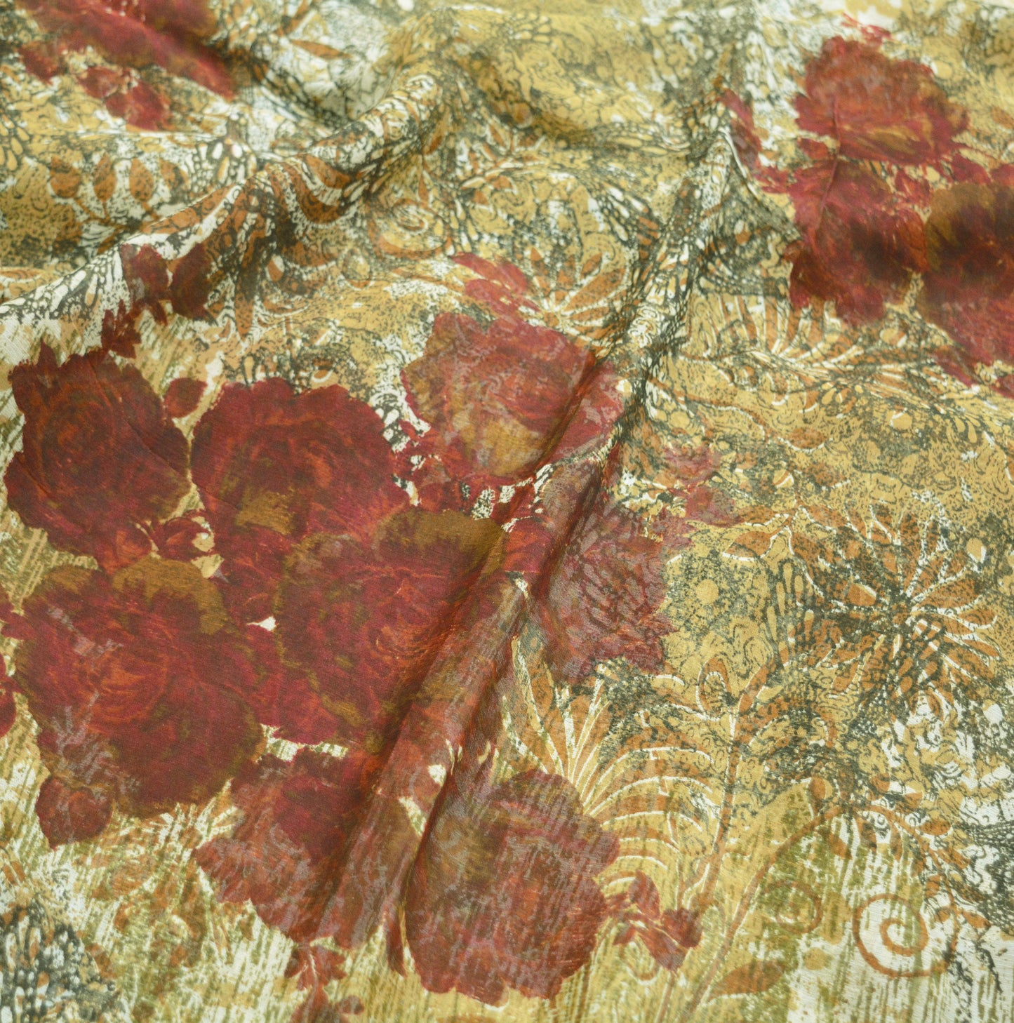 Women Vintage Sari Ivory & Beige Pure Chiffon Silk Printed Saree Craft Fabric Sewing 5Yard Soft Light Sari Dress Making