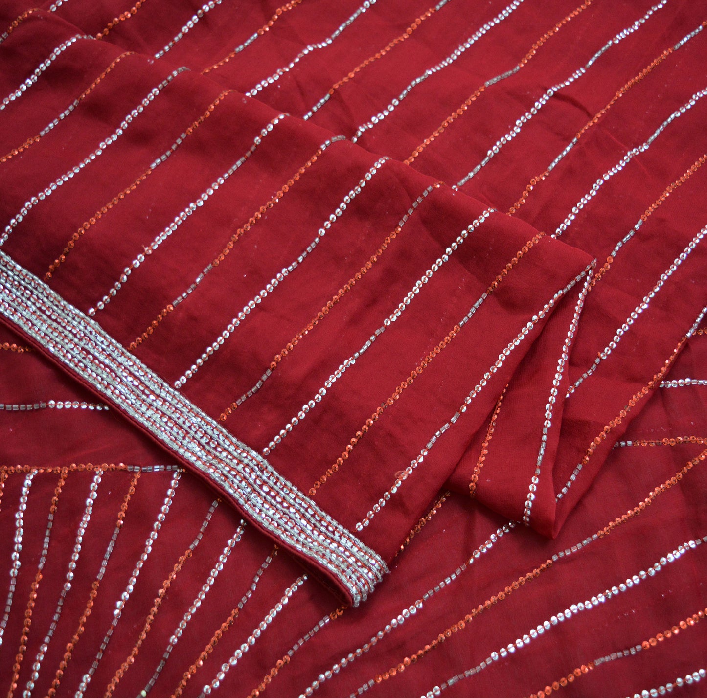 Indian Vintage Heavy Red Dupatta Pure Georgette Silk Long Stole Hand Embroidered Scarves Glass Beaded