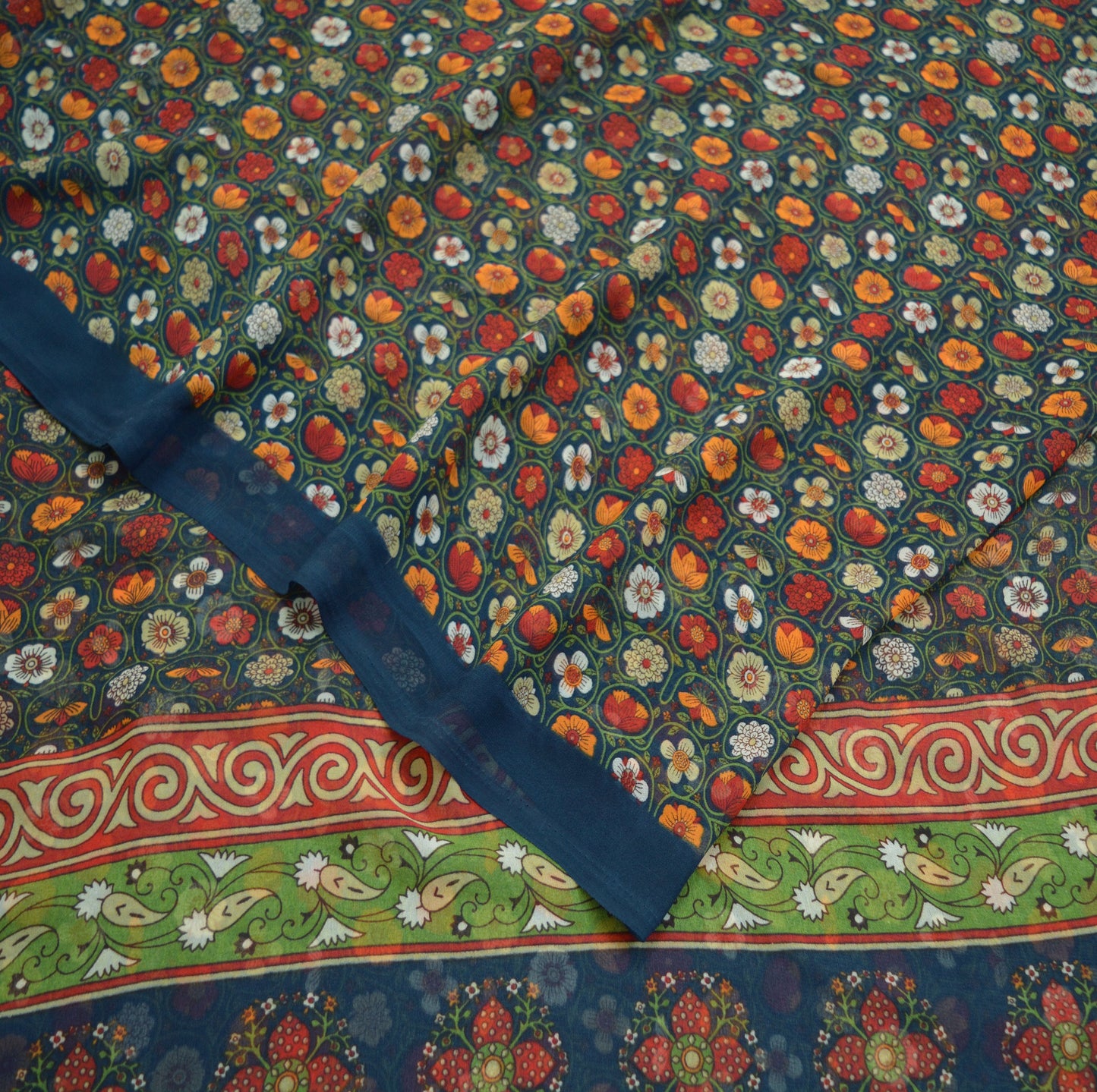 Indian Women Vintage Sari Blue Georgette Printed Saree Sewing 6yard Soft Craft Floral Design Wrap Boho
