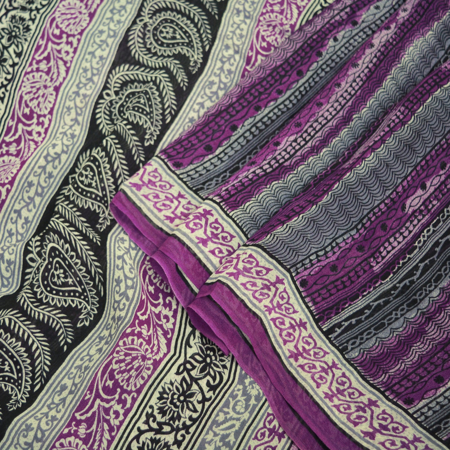 Women Vintage Sari Purple 100% Pure Georgette Silk Printed Saree Craft Fabric Sewing 5Yard Soft Sari Dress Making