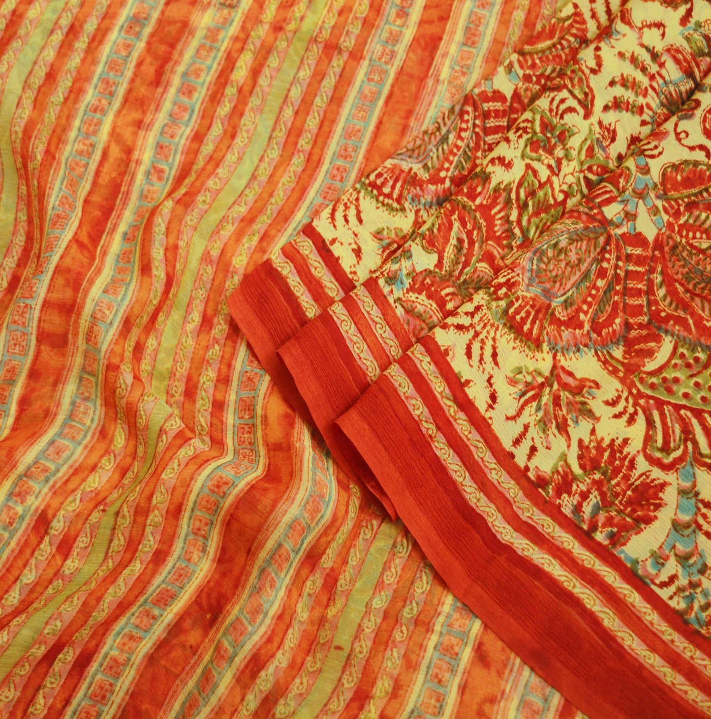 Women Vintage Sari Beige & red Pure Chiffon Silk Block Printed Saree Craft Fabric Sewing 5Yard Soft Light Sari Dress Making